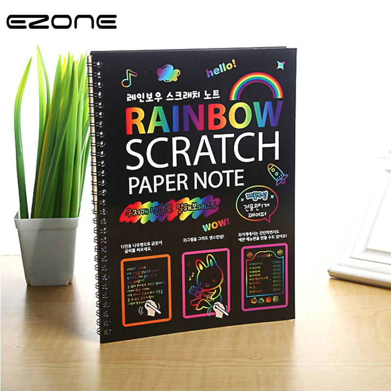 EZONE Scratch Notebook Coil Graffiti Note Book Black Page Cute Magic DIY Drawing Book Painting Notepad for Kids Stationery Gift