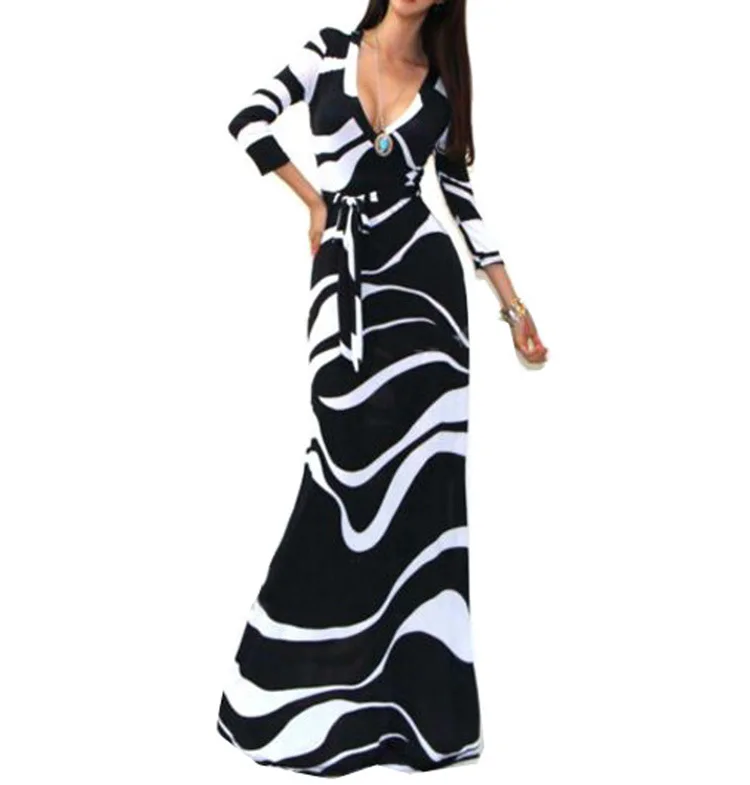 

2018 Autumn Winter Women's Vintage Striped Maxi Dress 3/4 Sleeve High Waist Dress V Neck Dress With Sashes Long Robe