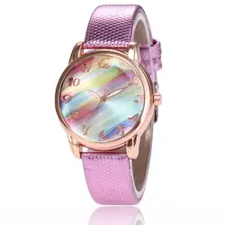 Девушки красочные небольшой круглый циферблат наручные часы Для женщин сияющая кожа PU кварцевые часы дамы просто Повседневное стильные