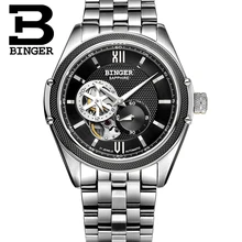 Роскошные Скелет дизайн автоматические механические часы Бингер для мужчин бизнес часы из нержавеющей стали ремешок 50 метров водонепроницаемый B-1165G