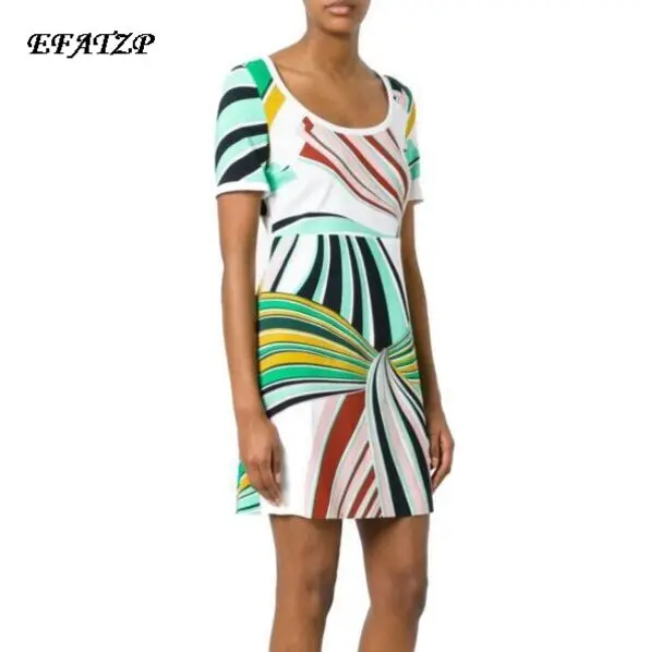

New Fashion 2017 summer Designer Luxury Women's Short sleeve Colorful Geometric Print Plus Size XXL Stretch Jersey Silk Dress