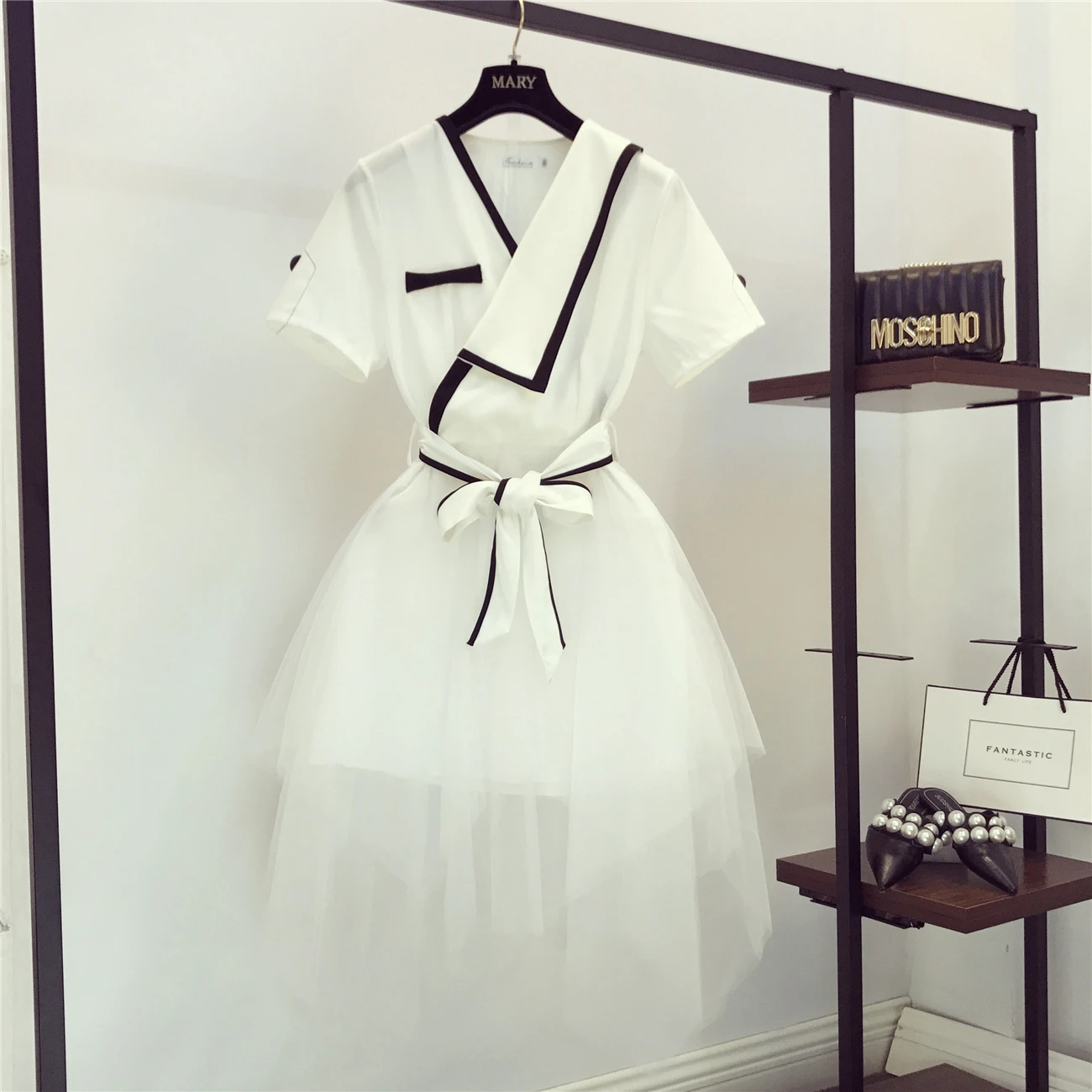 

2019 New Summer Fashion Fairy Short Sleeve Dress for Women Suit Collar Mesh Patchwork Faux Two Piece Medium-long Dress Female