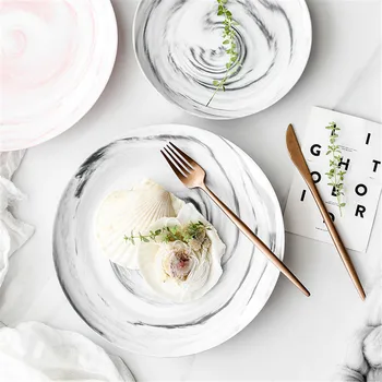 

Ins Nordic Ceramic Marble Style Storage Tray Chic White Pink Round Dessert Fruit Salad Food Kitchen Storage Plate Table Decor