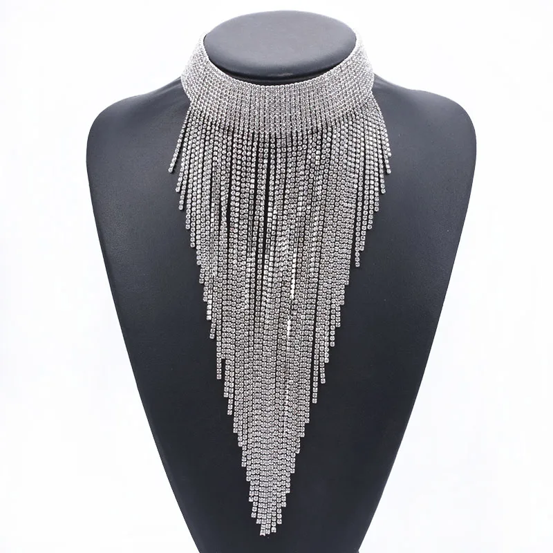 

Bohemian Long Tassel Choker Necklace Pendants Women Ethnic Jewelry Clear Crystal Rhinestone Chain Gem Statement Maxi Necklace