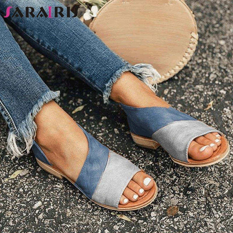 

SARAIRIS 2019 New Summer mixed-color Cool Retro Sandals Ladies slip-on Large Size 34-43 Casual Women Low Heels Shoes Woman