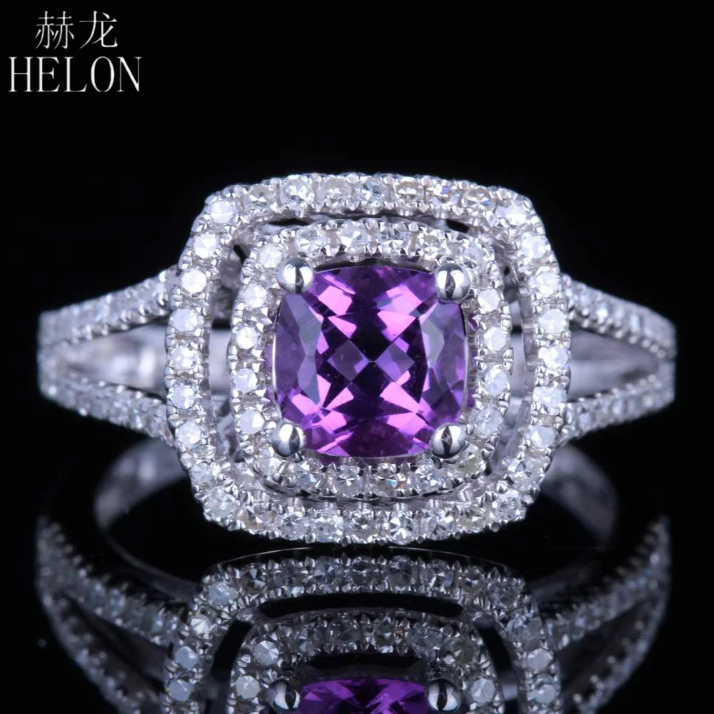 

HELON Solid 10K White Gold Nice Cushion 0.89ct Amethyst With 0.6ct Natural Diamonds Engagement Wedding Women's Jewelry Fine Ring