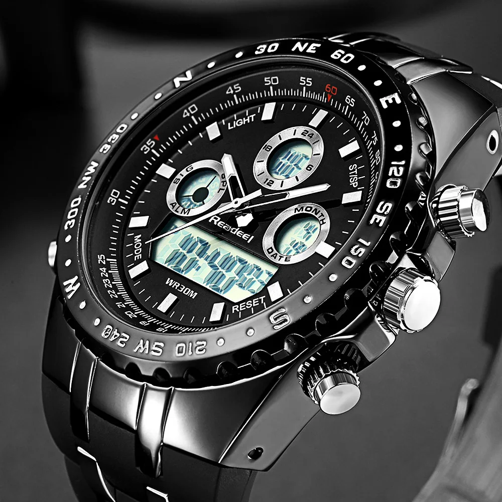 Readeel Лидирующий бренд Спорт кварцевые наручные часы Для мужчин военные Водонепроницаемый часы светодио дный цифровые часы Для мужчин кварцевые наручные часы с Парнем