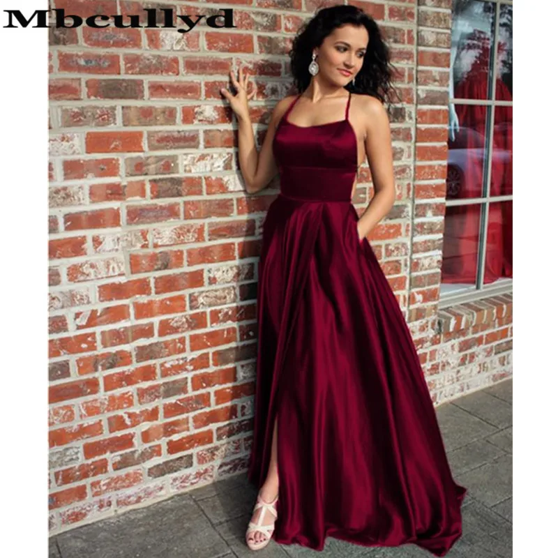 

Сексуальные бордовые Выпускные платья Mbcullyd с открытой спиной, Длинное Элегантное платье ярко-синего цвета с лямкой на шее для выпускного вечера, официальное платье с разрезом, платья для торжества