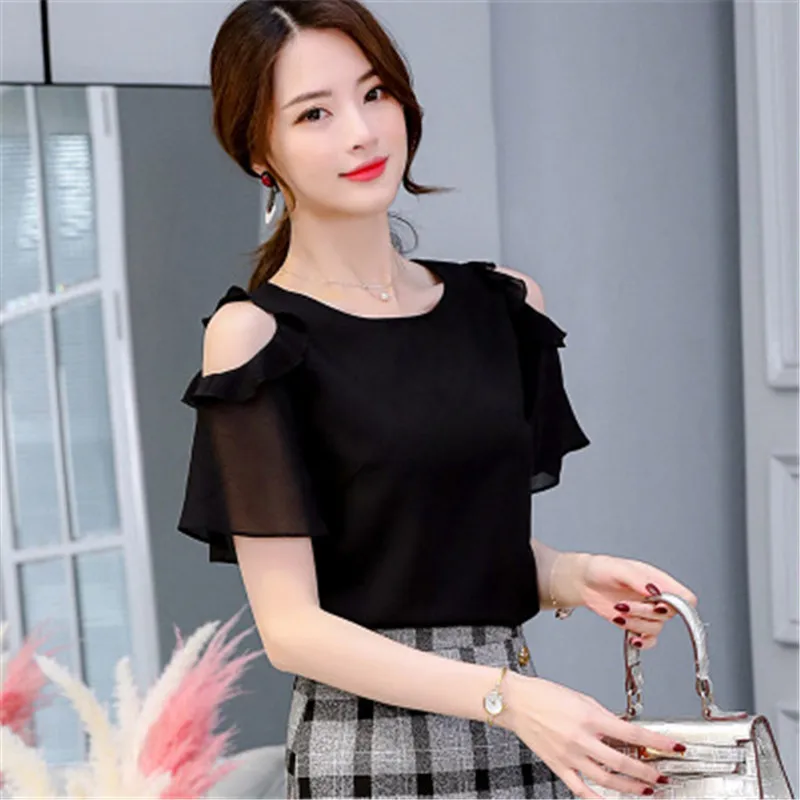 

Free Shipping 2019 Women Shirt Summer China Clothing Female Plus Size Chiffon Shirts Ruffled Cutout Casual Blouses Vintage Tops