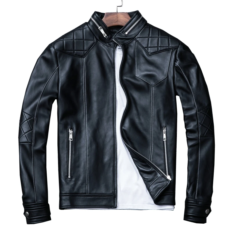 

2019 Black Men Slim Fit Motorcycle Leather Jacket Stand Collar Plus Size XXXL Genuine Sheepskin Biker Leather Coat FREE SHIPPING