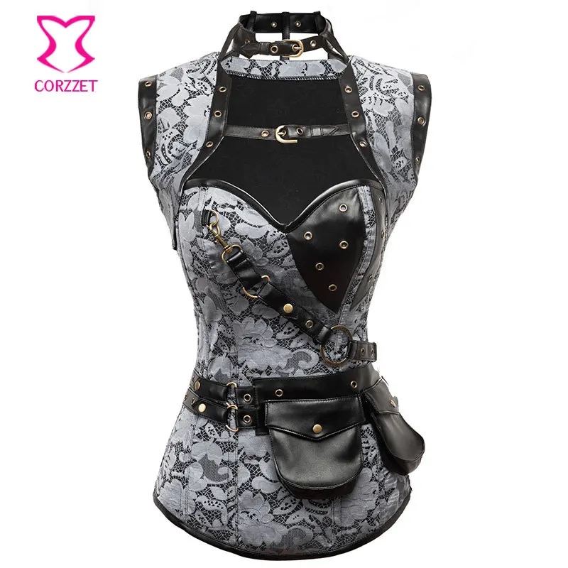 Corzzet Gray Brocade Steampunk Armor Corset And Jacket Burlesque Gothic Plus Size Steel Boned