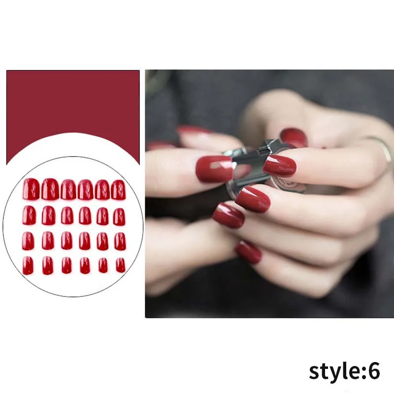 Полное покрытие ногтей советы с клеем для женщин Классическая квадратная голова матовая поддельные ногти для девушек яркие цвета короткий размер дизайн накладные ногти - Цвет: Style 06