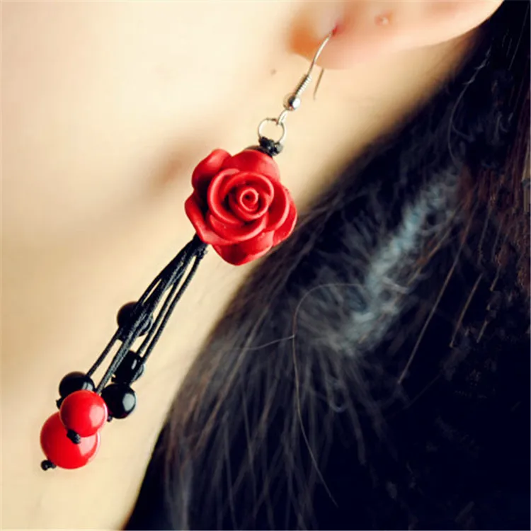 Beautiful-Original-Chinese-Red-Carved-Lacquerware-Rose-Flower-Earrings-Red-Coral-Black-Beads-Tassels-Charming-DIY