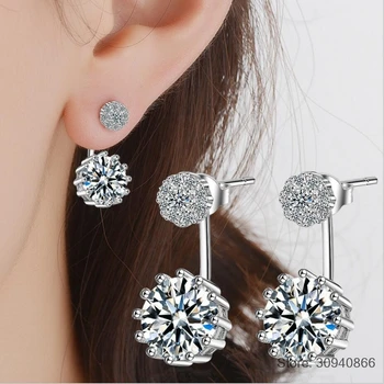 

925 Sterling Silver Round Stud Earrings Double Sided Clear Cubic Zirconia Earring for Women Wedding Engagement Fine Jewelry