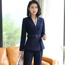 Униформа для офисных леди, Осенний деловой костюм для работы, Женский облегающий брючный костюм, черный, синий, в полоску, для женщин, s, 2 предмета, блейзер с поясом, комплект одежды