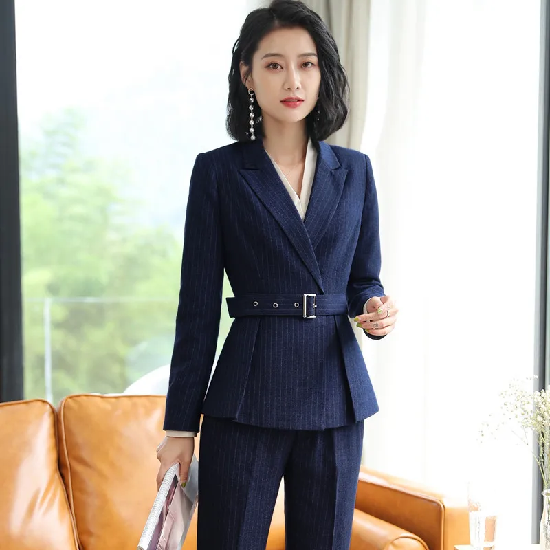 2018 Uniform Office Ladies Business Work Suit Women Slim Fit Pants/Skirts Suits Black Blue Striped Womens 2 Piece Outfit Sets
