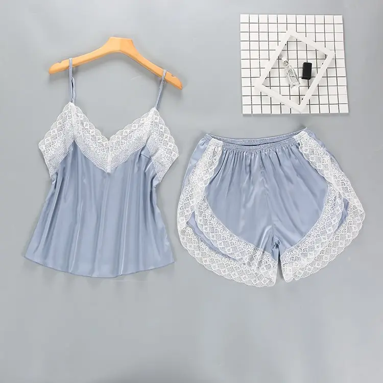 

Gray Sexy Summer Women 2PC Robe Bath Gown Strap Top Pants Pajamas Sets Sleepwear Lady Home Wear Nightgown Suit Sleepshirts M-XXL