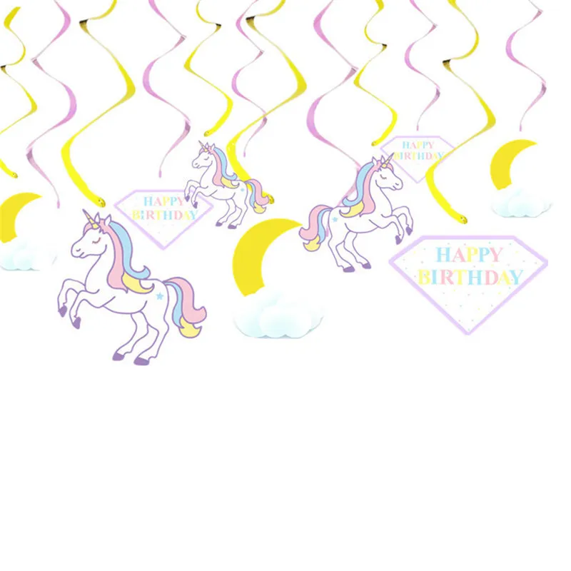 12pcs PaperboardPlastic Unicorn Party Ceiling Hanging Swirl Unicorn Streamers Slingers 1st Birthday Party Decoration PT91 (2)