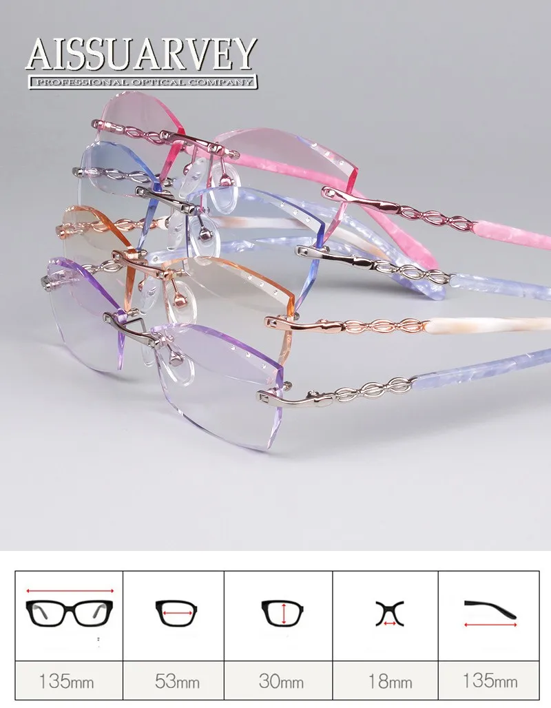 Женские оправы для очков, Модные оптические очки, фирменный дизайн, без оправы, металлические стразы с бриллиантами, элегантная отделка