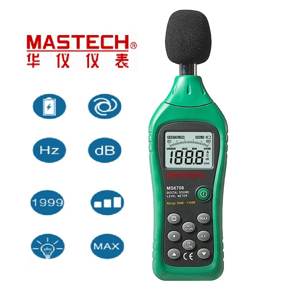 MASTECH MS6708 ручной промышленный цифровой измеритель уровня звука 30~ 130dB аналоговый бар дисплей задний светильник децибел Тестер