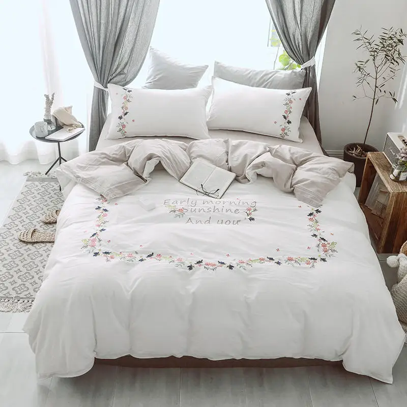 

Embroidery White Grey Bedding Set Queen King size Pure Cotton Fitted sheet Bed sheet Duvet/bed cover linge de lit ropa de cama