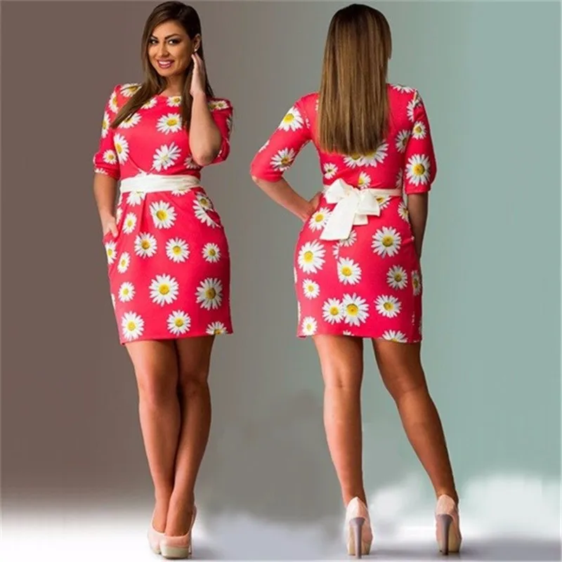 Plus Size Women Clothing 5Xl 6Xl Dress Women Half Sleeve Daisy Print Casual Spring Summer Dress Fashion Bodycon Short Dresses (2)