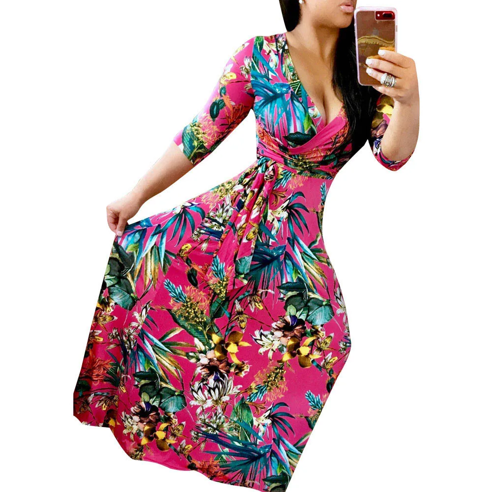 Горячая Распродажа новые летние длинные платья женская модная одежда большого размера с рисунком шифоновое сексуальное платье с v-образным вырезом и длинными рукавами женская одежда - Цвет: Red