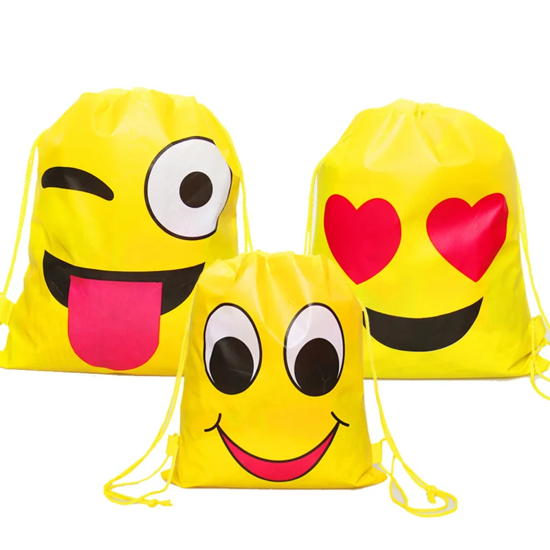 

1pcs/lot Emoji Theme Decorate Happy Birthday Smiley face Drawstring Bags Baby Shower Party Backpack Kids Favors Gifts bag