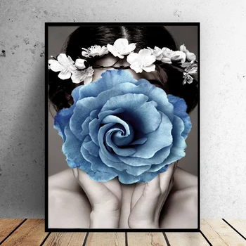 

SELFLESSLY Blue Flower and Beauty Girl Canvas Paintings Wall Art Pictures For Living Room Canvas Prints Posters Decorative Art