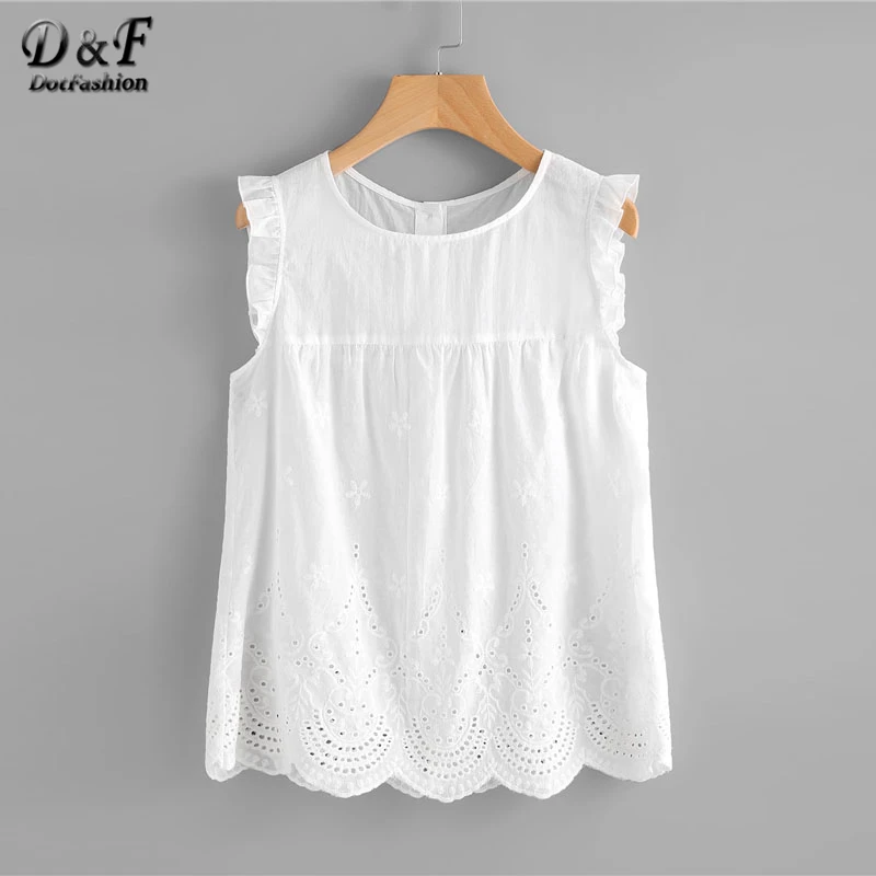 

Dotfashion Eyelet Embroidered Scallop Hem Frilled Shell Top Women Round Neck Sleeveless Blouse 2019 White Cotton Summer Tops