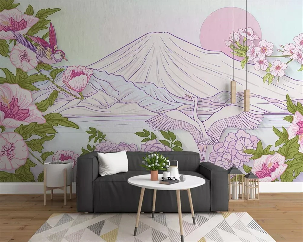 

Beibehang Custom wallpaper modern minimalist garden flower crane landscape scenery living room TV background mural 3d wallpaper