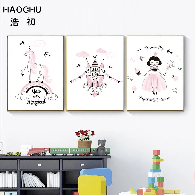

HAOCHU Nordic Poster Pink Unicorn Magic Castle Little Princess Magic Bar Art Print Poster Canvas Painting For Kids Room Unframed
