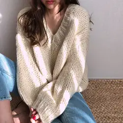 2019 корейский стиль модные женские толстые длинный рукав женский вязаный свитер Твердые V образным вырезом Пуловер Свободный свитер