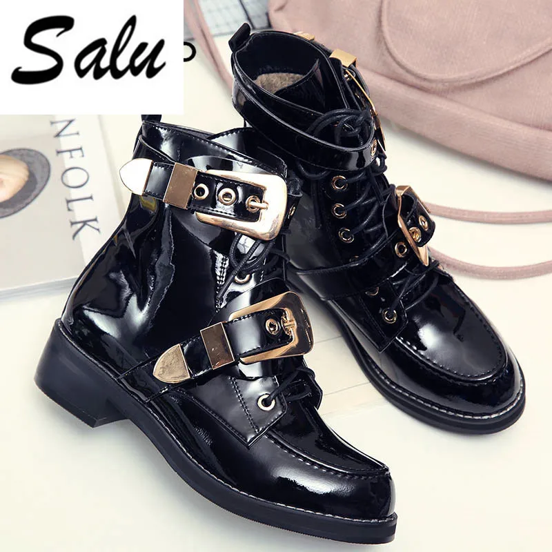 

Salu 2018 fashion autumn winter new women boots black brown cow suede ankle boots buckle square heels genuine leather boots