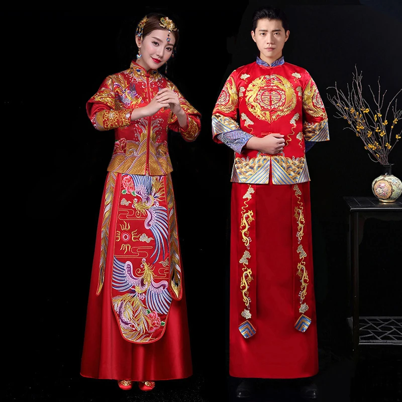 

Red Chinese Wedding Bride Cheongsam Traditional Style marry Evening Dress Embroidery Long Qipao Womens and Mensipao