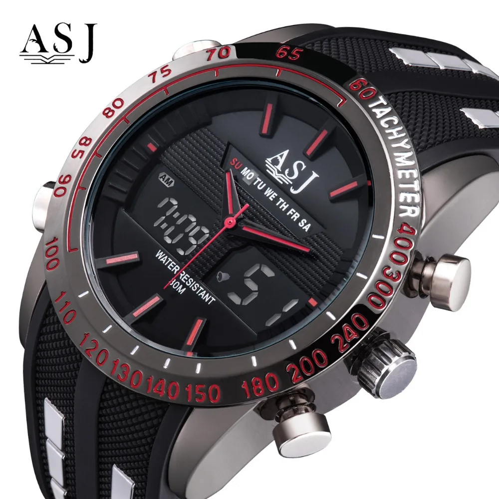 

ASJ Luxury Men's Sport Watches Dual Display 5Bar Waterproof Calendar Quartz Wristwatch Silicone Strap relogio masculino Clock