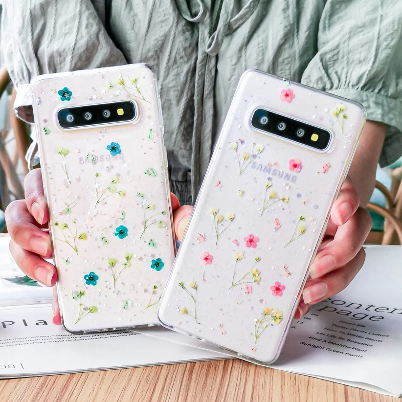 

Shining Glitter Dried Flower Transparent Phone Case For Samsung Galaxy S10 S9 Plus Fashion Real Flowers Back Cover For Galaxy S9