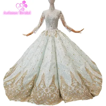 

2018 Mint Blue Lace High Neck Long Sleeves Floor-length Bridal Gowns Backless Ball Gown Vintage Wedding Dresses Vestido De Noiva
