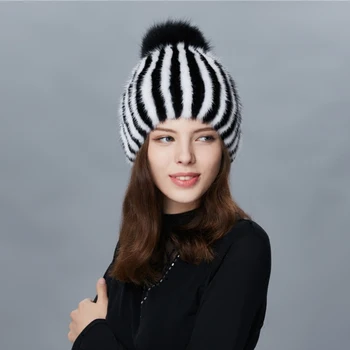 

New mink fur hat female ear protector knit hat autumn and winter warm big fox fur ball cap