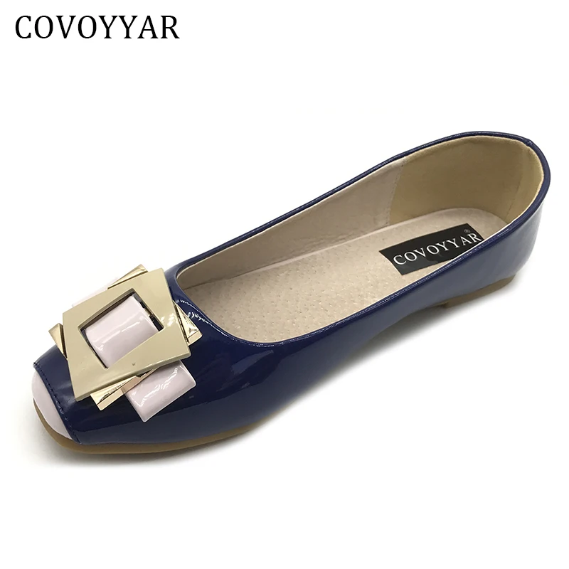 COVOYYAR 2018 Buckle Women Flats Spring Autumn Patent Leather Women Shoes Square Toe Lady Footwear Slip On Size 34-43 WFS762