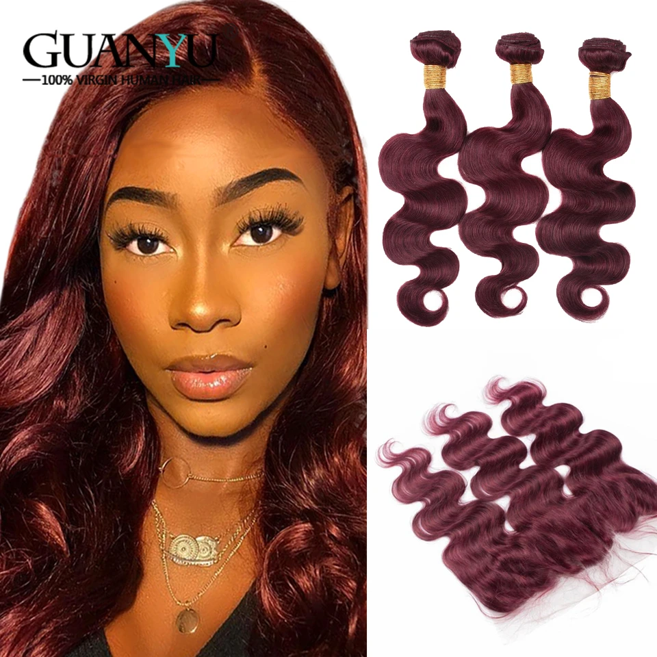 

Guanyuhair Brazilian Body Wave 99J Remy Hair Bundles With 13x4 Pre Plucked Lace Frontal Closure Burgundy Color