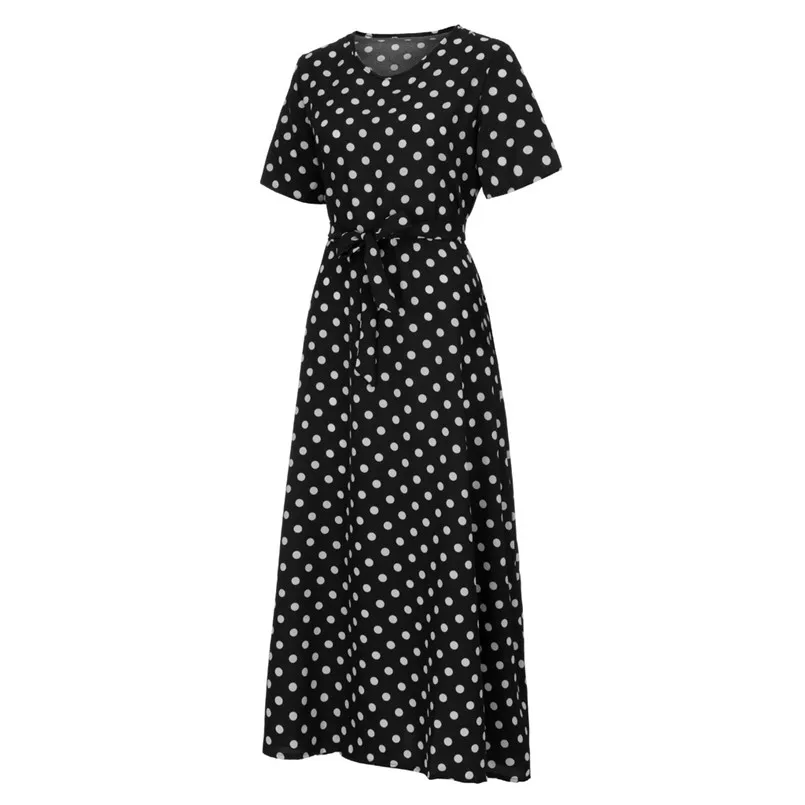  New Women Summer Vintage O-Neck Short Sleeve Beach Polka Dot Bandage Long Maxi Dress Sexy Elegant Lady Holiday New Dress #4R08 (26)