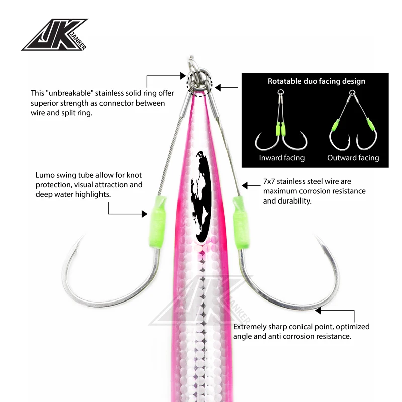 JK 5packs Sea Fishing Hook Steel Wire 7x7 Slow Jigging Size 1/0 2/0 3/0 4/0 5/0 Luminous Double Assist Hook Slow Pitch Tackle