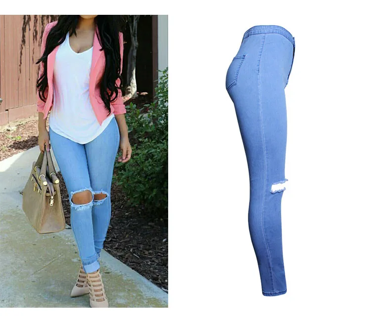 2017 Europe and the United States high waist stretch Slim thin pencil pants pure color hole feet women's jeans women (3)