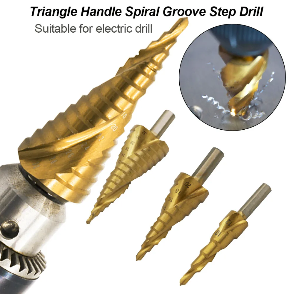 3pcs HSS Titanium Spiral Groove Step Drill Bit Triangle Shank Metal Hole Cutter Cone Saw Stepped