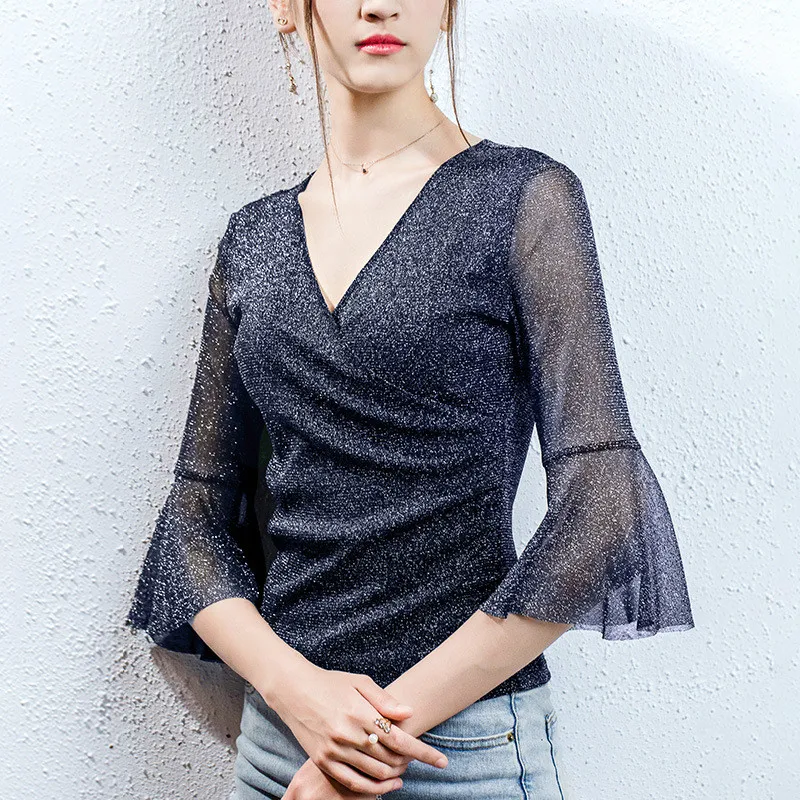 

Summer New Fashion T-Shirts Elegant V-Neck Three-quarter Sleeve Mesh Gauze Tees Solid Color Pink Blue Black Office Ladies Tops