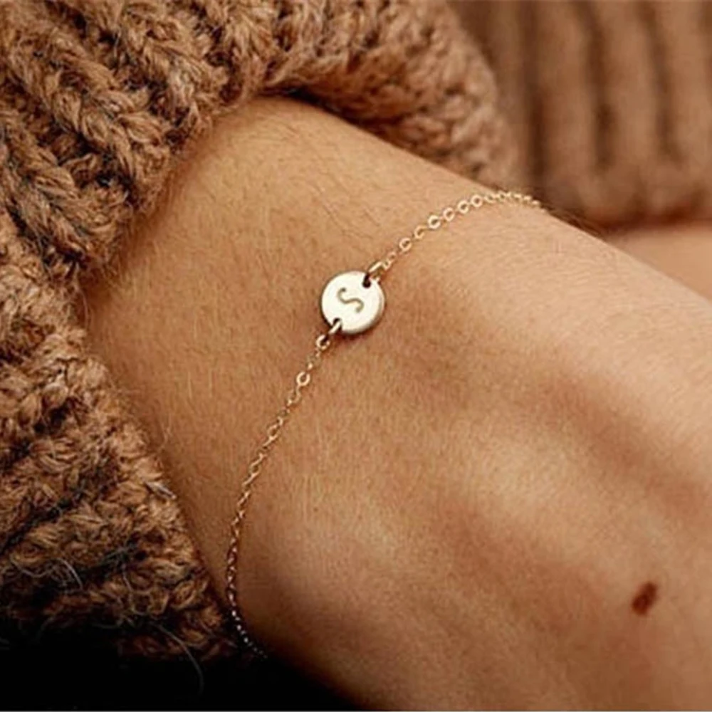 

Initial Charms Alphabet Bracelet Bangle with Gold Color Name 26 Letters Personalized Disk Adjustable Bracelet Jewelry Party Gift
