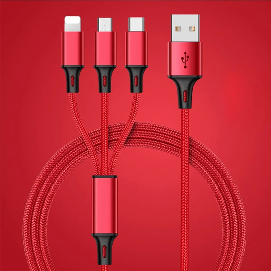 3 в 1 USB кабель для мобильного телефона Micro usb type C кабель зарядного устройства для iPhone samsung 6 зарядный кабель Micro USB шнур зарядного устройства - Цвет: Red