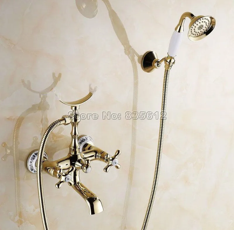 Золото Цвет латунь настенный подвергается Ванна смеситель для душа Установить с Ванная комната ручной душ спрей wtf141