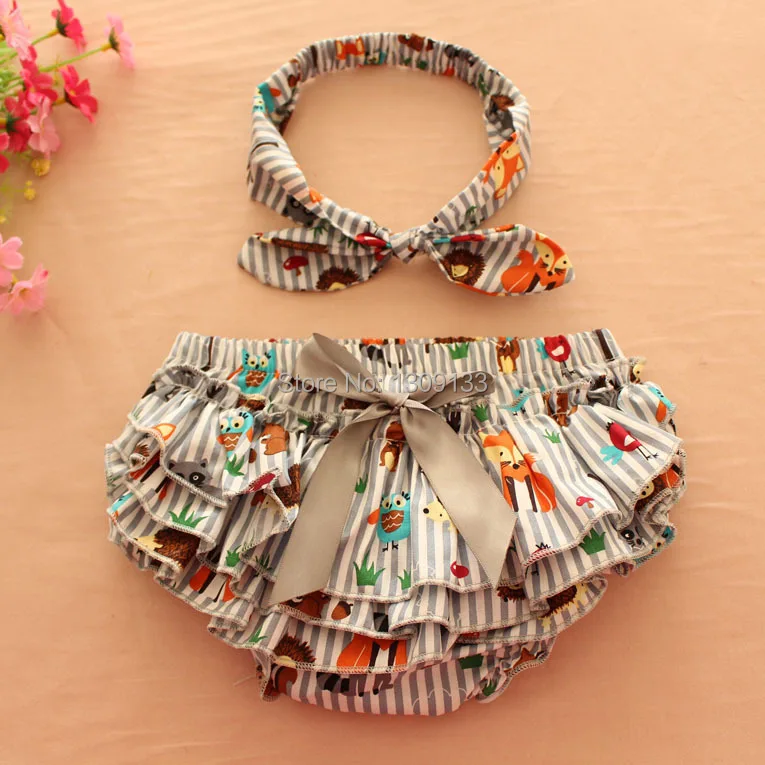 

Stripe Fox Animal Ruffle Bloomer Birthday Party Baby Girls Outfit Bloomer Knot Headband